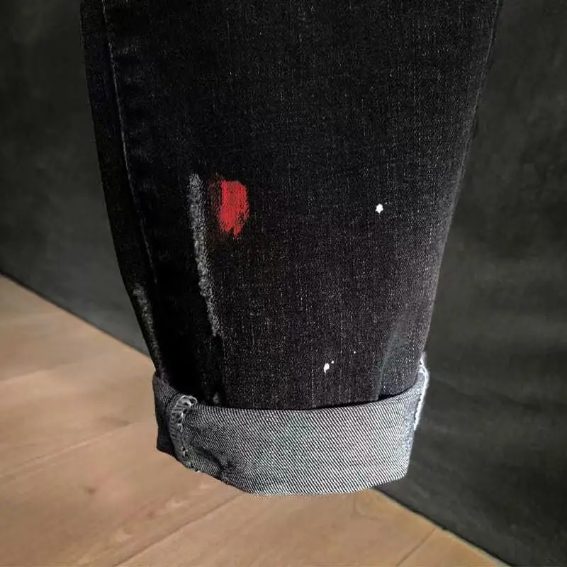 Ripped Jeans Men's Autumn Korean Style Work Ripped Hole Cowboy Hip Hop Dotting Ink Slim Luxury Denim Pants