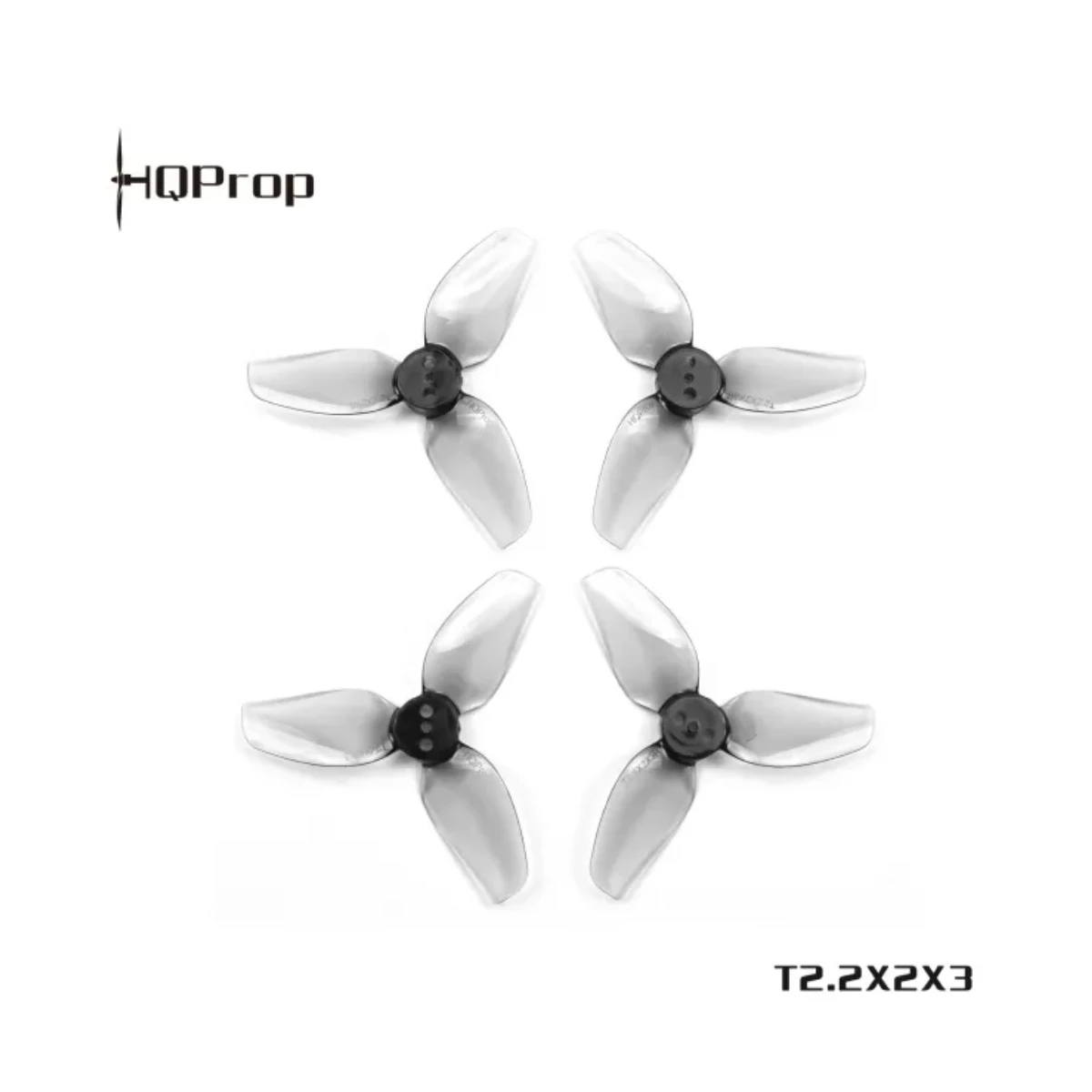 Vue d'ensemble du lot de 12 hélices HQProp T2.2x2x3 grises pour micro drone FPV.