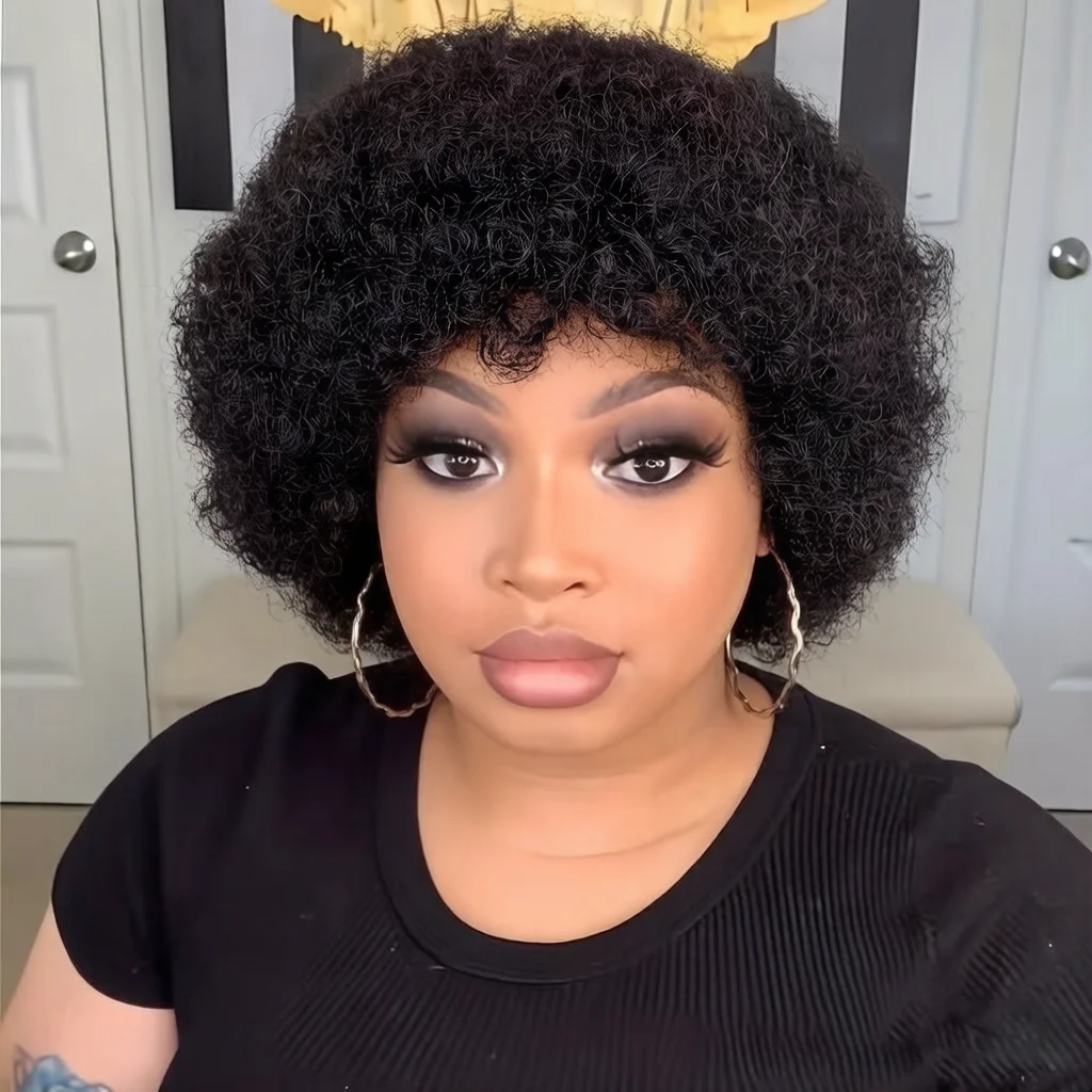 인모 아프로 가발, 여성용 짧은 곱슬머리 픽시컷 가발, 레미 인모, 내추럴 블랙 풀 머신메이드
