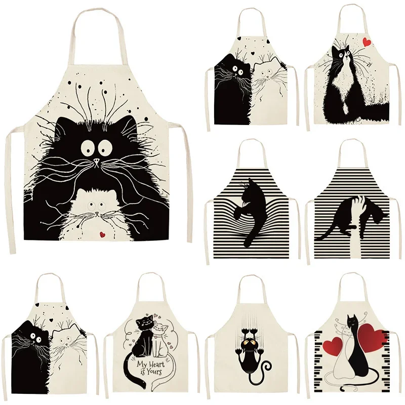 

Black Cute Cartoon Cat Printed Sleeveless Cotton Linen Aprons for Man Woman Home Kitchen Apron Cleaning Tools Bibsa Delantal
