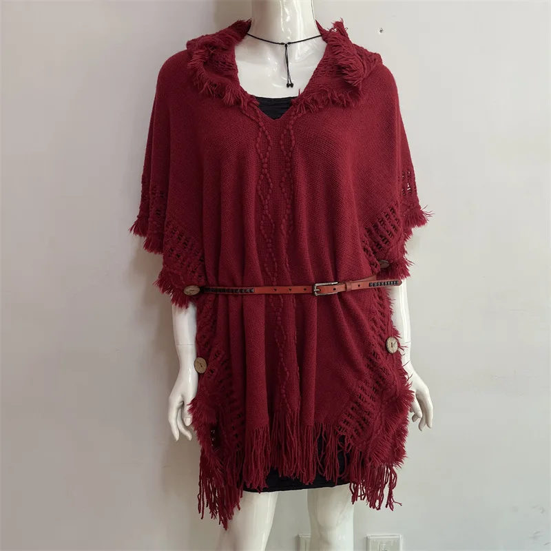 

Autumn-winter Women's Solid color Hooded Tassel Cape Pullover Sweater
