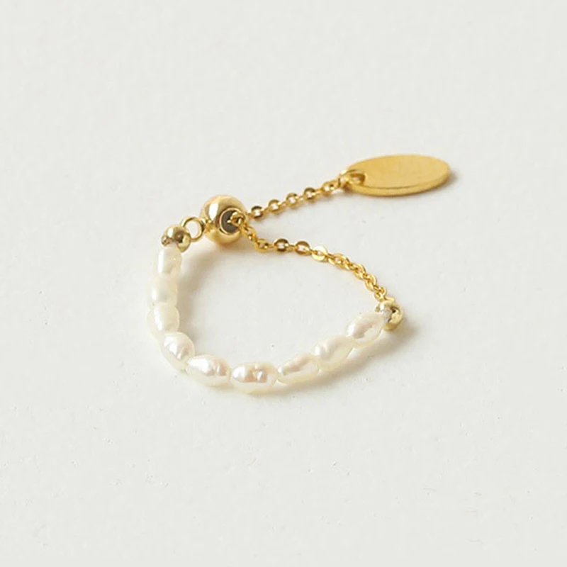 Adjustable Gold Color Rings French Retro Pearl Chain Pull for Women
