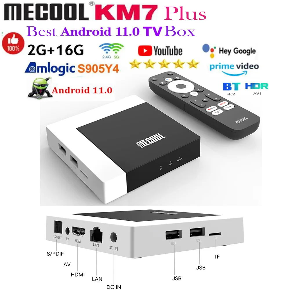 [Genuine]Mecool Km7 Plus Smart Tv Box Android 11 Netflix 4K Google Tv 2G Ddr4 16G Rom 100M Lan Internet S905Y4 Lettore Multimediale Domestico