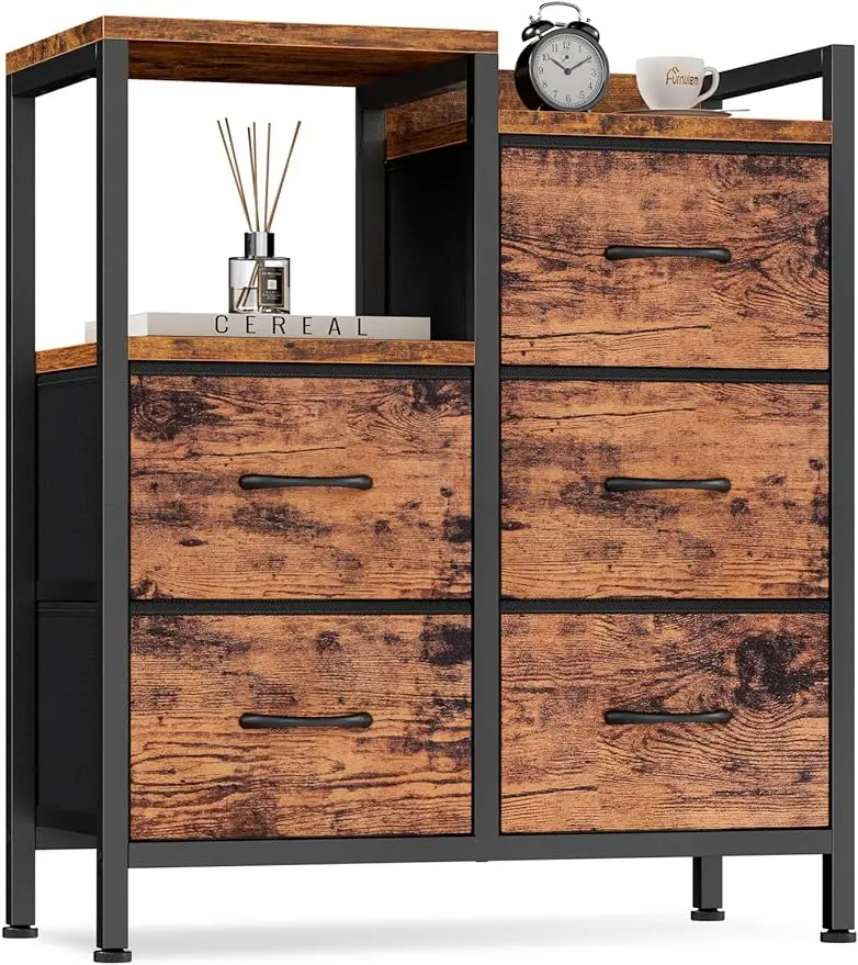 

Furnulem Industrial Dresser for Bedroom Small Storage Unit Organizer with 5 Fabric Drawers and 2-Tier Side Shelves End Table