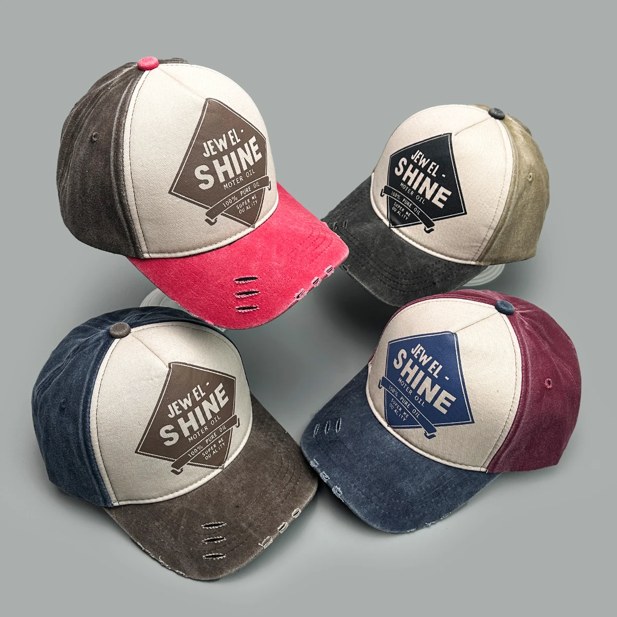 Neue Unisex Atmungsaktive Baseballkappen mit individuellem Buchstaben-Print im Used-Look, Sonnenschutz, Farbblock-Design, vielseitige Hip-Hop-Schirmmützen
