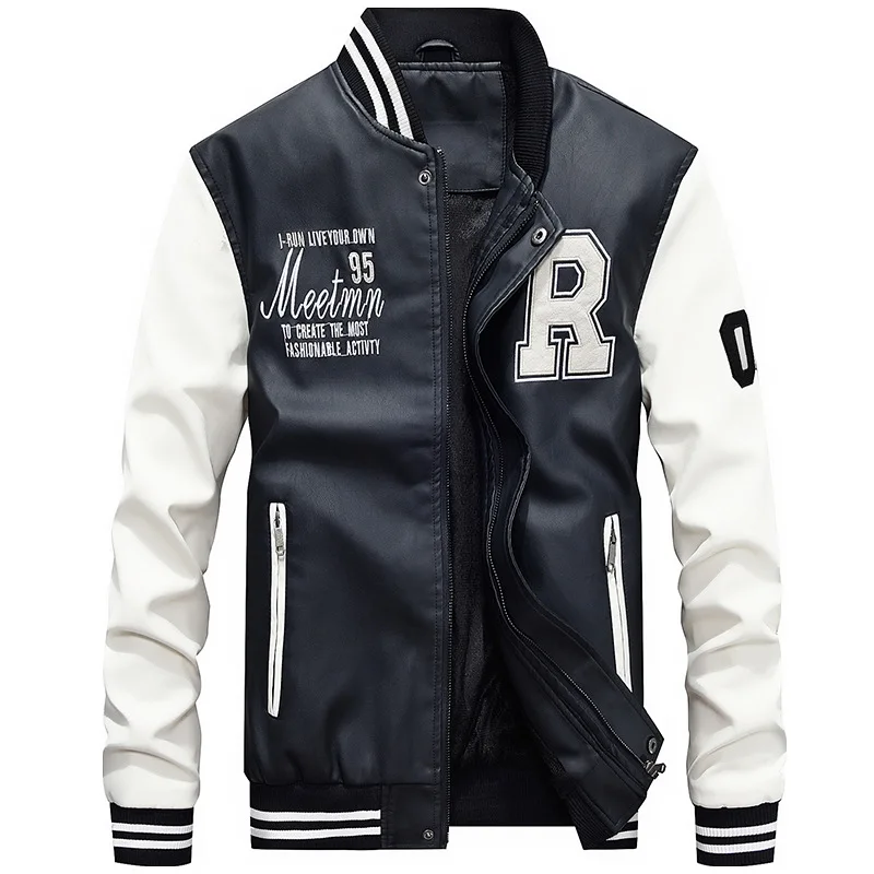 

Fleece Pilot Leather Jacket Hombre Embroidery Baseball Jackets Men Letter Stand Collar Pu Leather Hip Hop Coats Plus Size 4XL