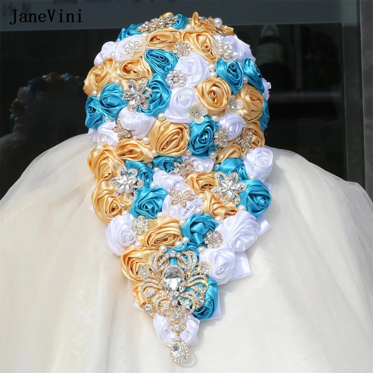 JaneVini Luxury Rhinestone Waterfall Bridal Bouquets Blue White Ribbon Roses Pearls Cascading Flower Bouquet Wedding Accessories
