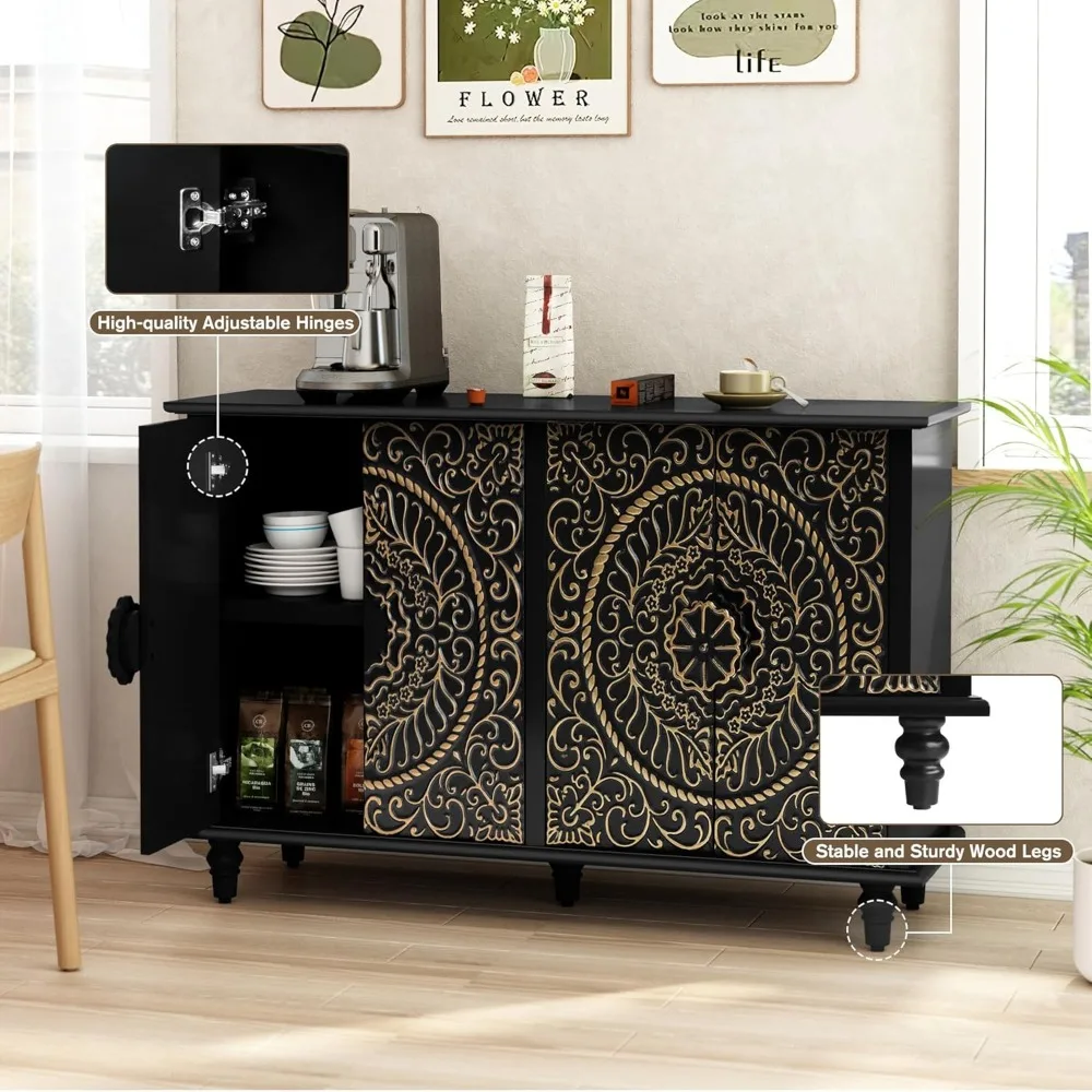 Decorative Sideboard Buffet Cabinet with 4 Doors, Black Accent Storage Cabinet with Carved Flower Pattern, Wood Credenz 5