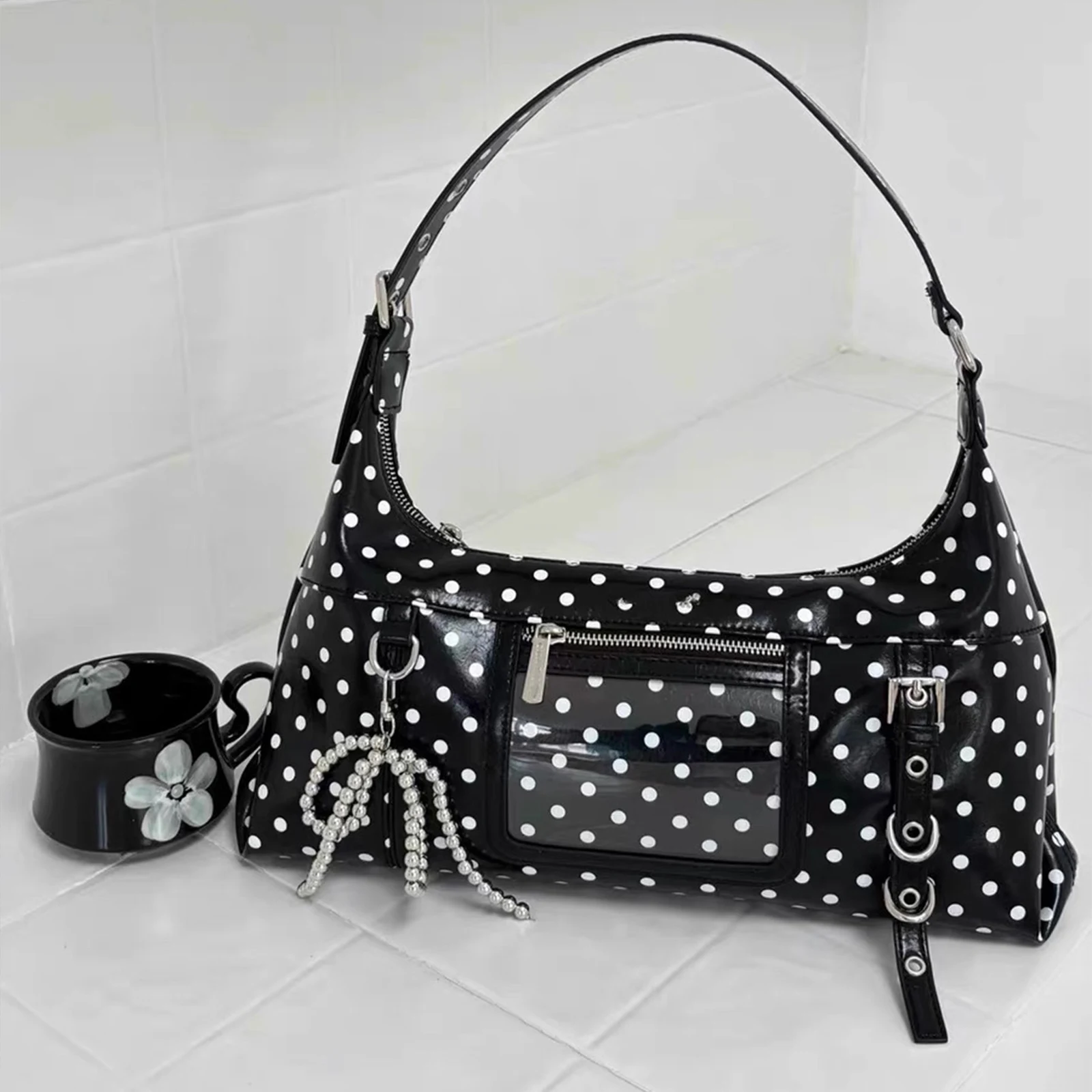 PU Leather Tote Bag Polka Dot Shoulder Bag Commuter Bag for Women Work Shopping Travel Daily