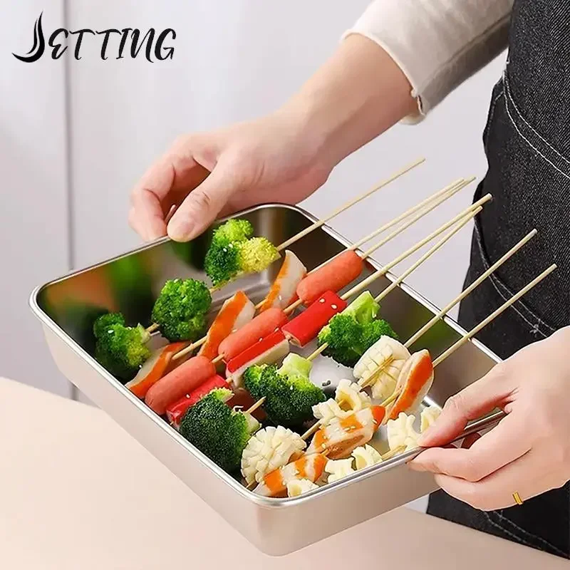 Food Storage Pan Stainless Steel Square Plate With Lid Rectangular Commercial Dish Tray Large Lunch Box Container
