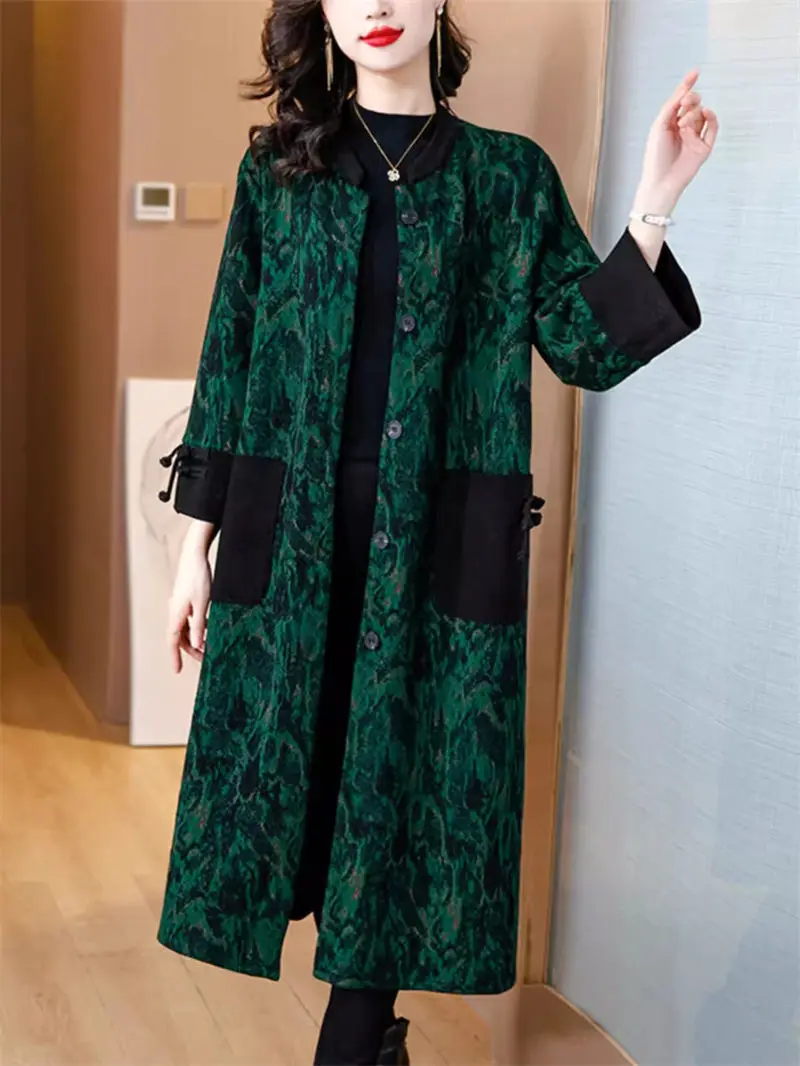 

Windbreaker Coat Women's Mid Length Autumn And Winter New Retro Loose Stylish Mom Printed Trench Elegant Outerwear Z4497