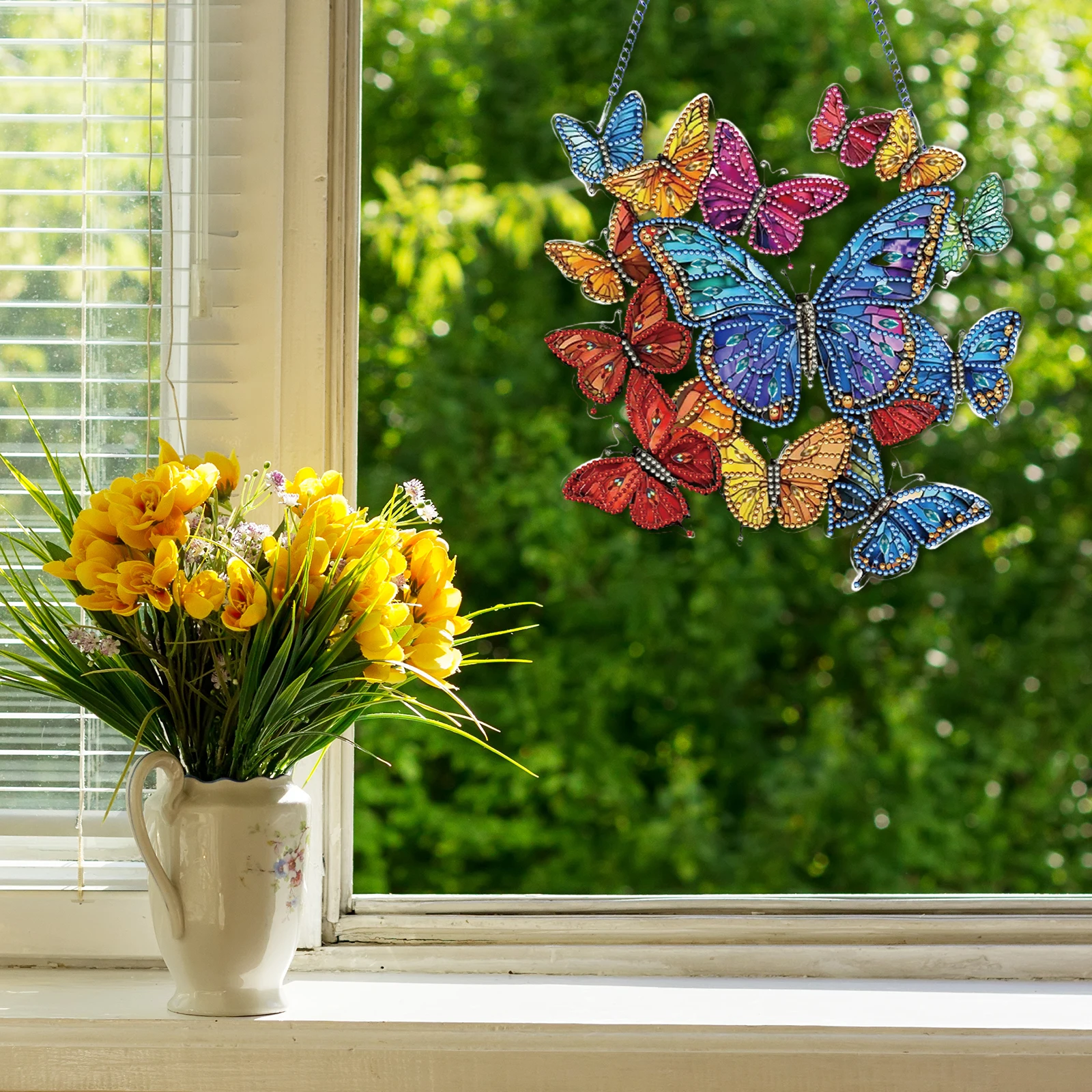 2D Flat DIY Diamond Art Pendant Double-Sided Printed Single-Side Drill Diamond Painting Set Window Hanging Art for Home Decor