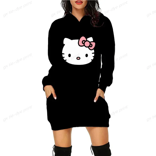 Vestido de suéter de mujer HELLO KITTY Vestido largo con capucha Vestido con capucha Otoño Anime Estampado de tinte 3D Suéter casual Vestido de suéter sexy para mujer