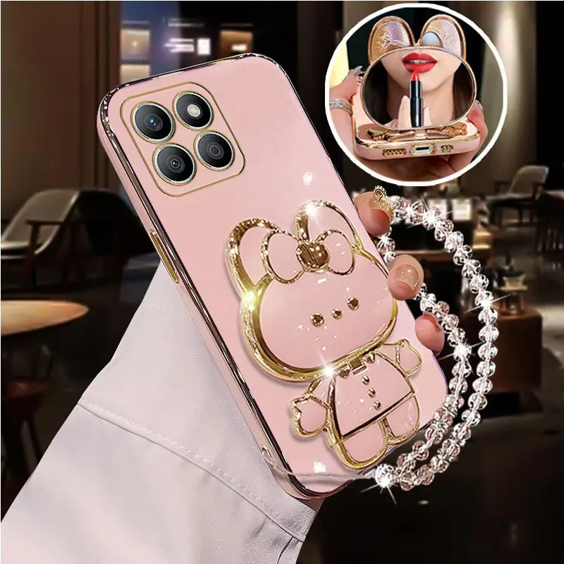 Diamond Strap Mirror Rabbit Holder Phone Case - Elegant and Multifunctional Design