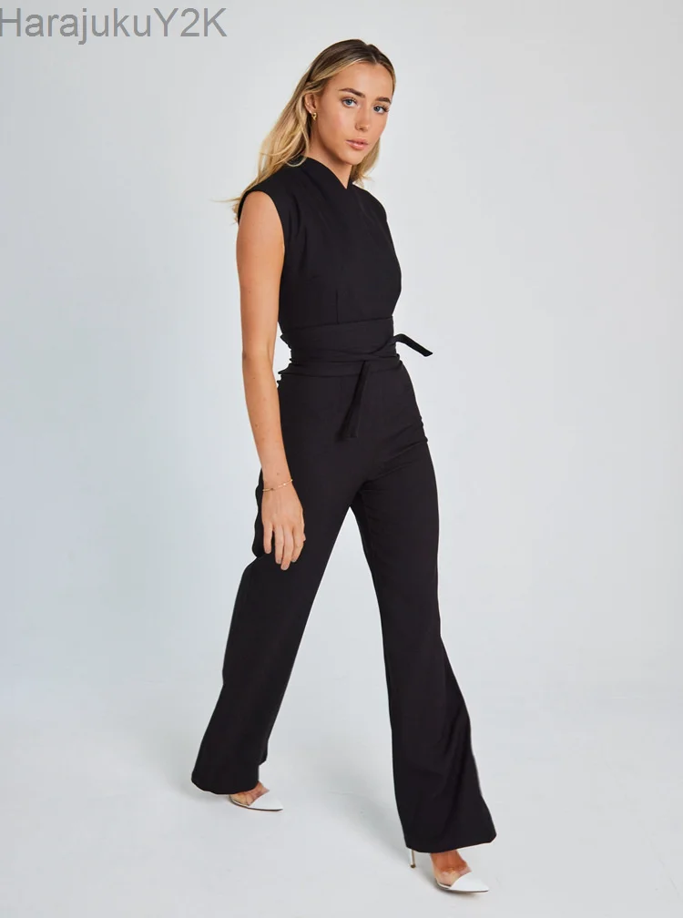 

Women Jumpsuit Summer Sexy V-neck Solid Belt Jumpsuit High Streetwear Bodycon Wide Leg Romper Pocket Overalls