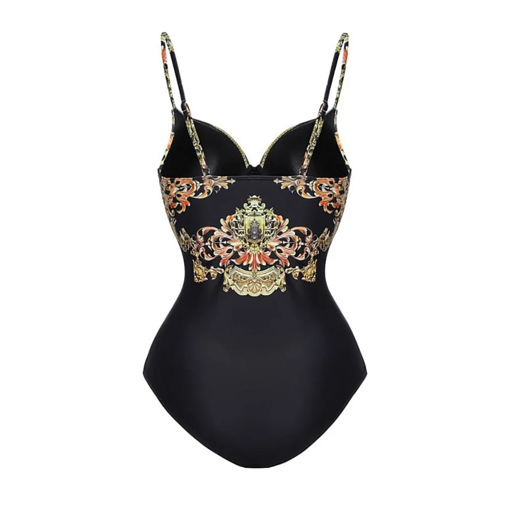 New Sling Black and Gold Printed One-piece Swimsuit Suit Surf Wear Swimwear Women Cover Up Bathing Suit Summer Beach Wear