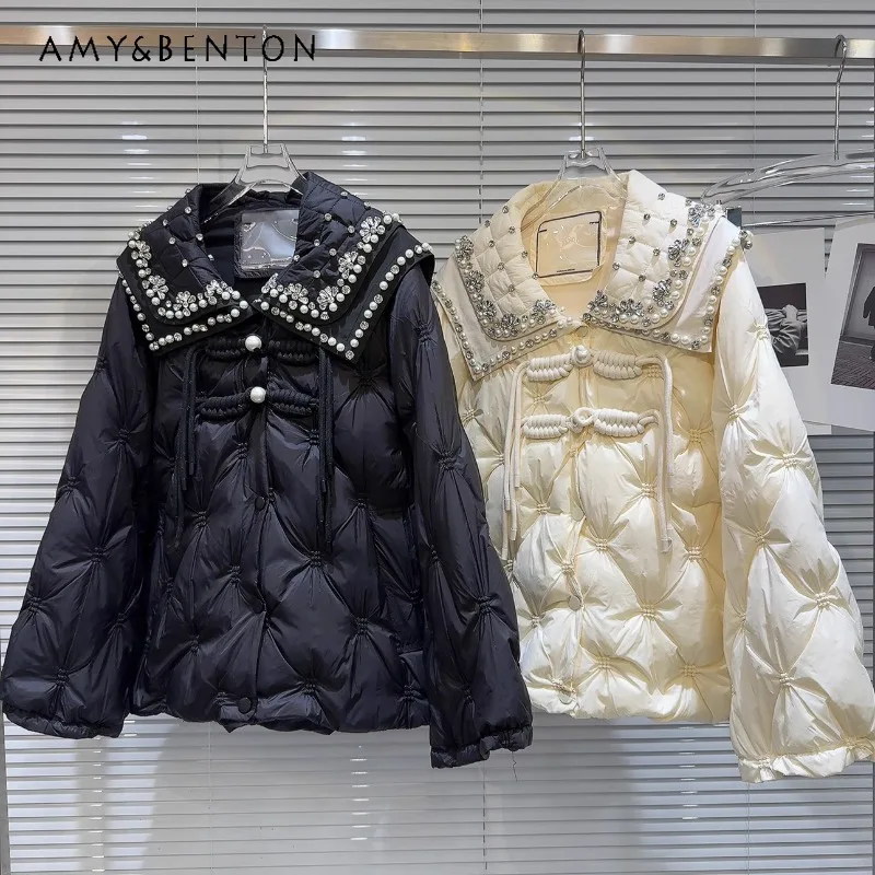 2023 Winter New Socialite Style Heavy Industry Beads Lapel Fixing Buckle Warm Long Sleeved Down Jacket Coat For Women's Clothing