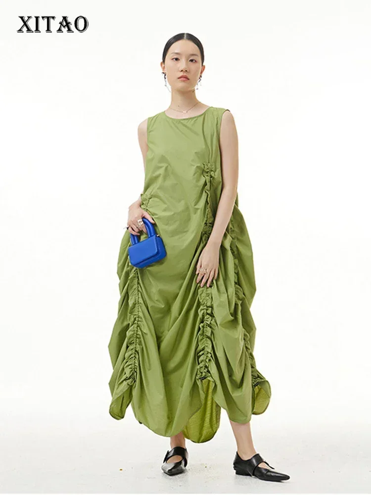 

XITAO Solid Pleated Dress Women Korea 2024 Summer New Arrival Personality Fashion Loose O-neck Short Sleeve Casual Dress WMD5840