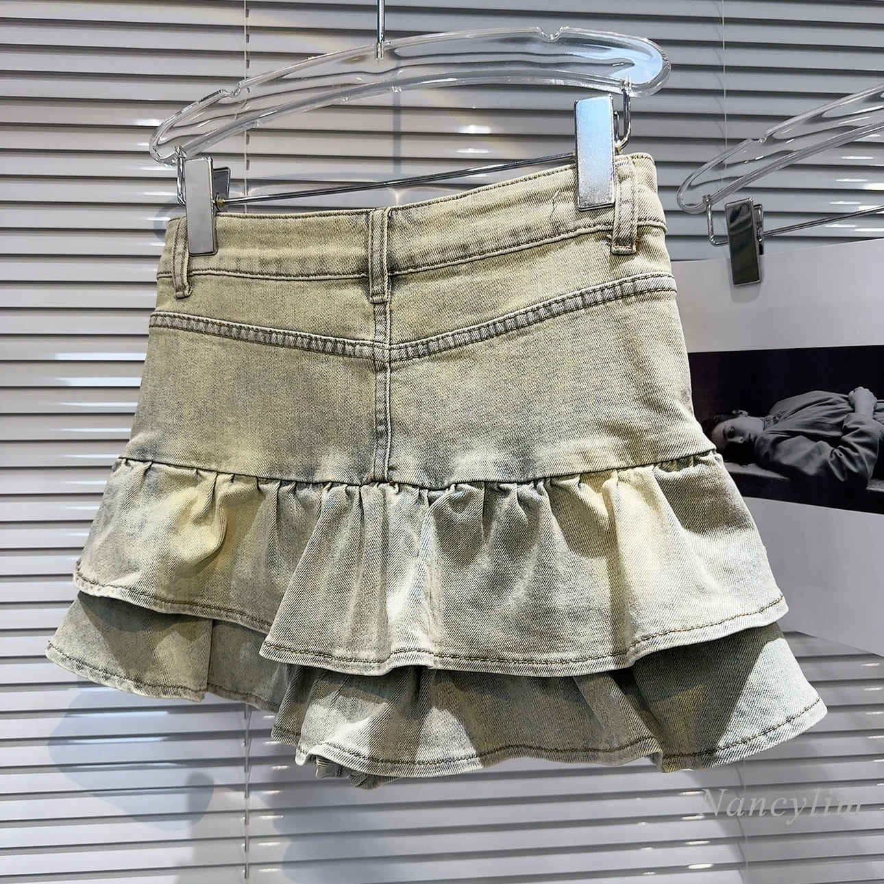 2024 Summer New American Hot Girl Style Washed and Worn Pocket Design Denim Cake Skirt Short Skirt for Women