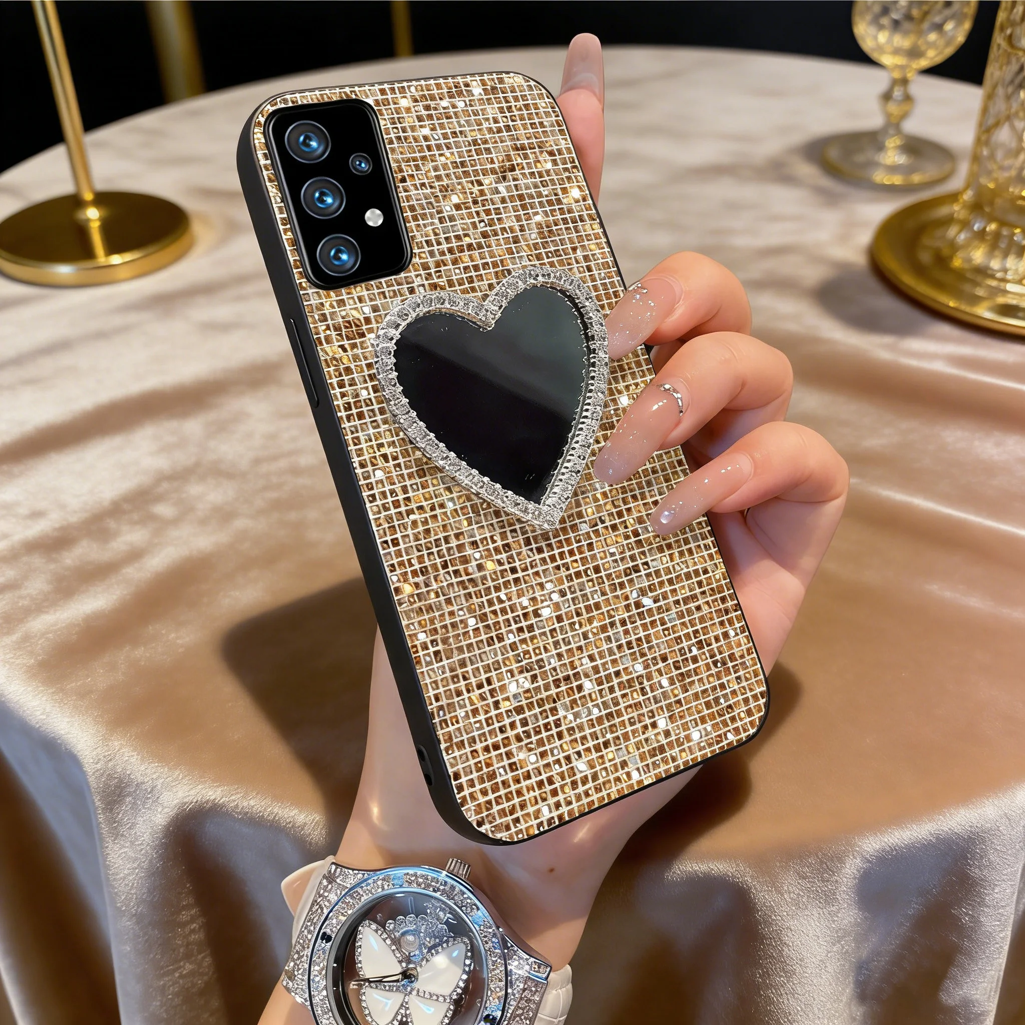 Shiny Gold Grid Pattern Phone Case with Glitter Mirror Shell