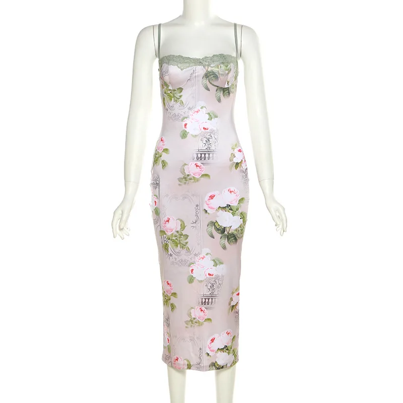 Nibber Women's Flower Printed Maxi Dress Lace Elegant Spaghetti Strap Backless Silk Robe Skinny Retro Dresses Vestidos New 2023