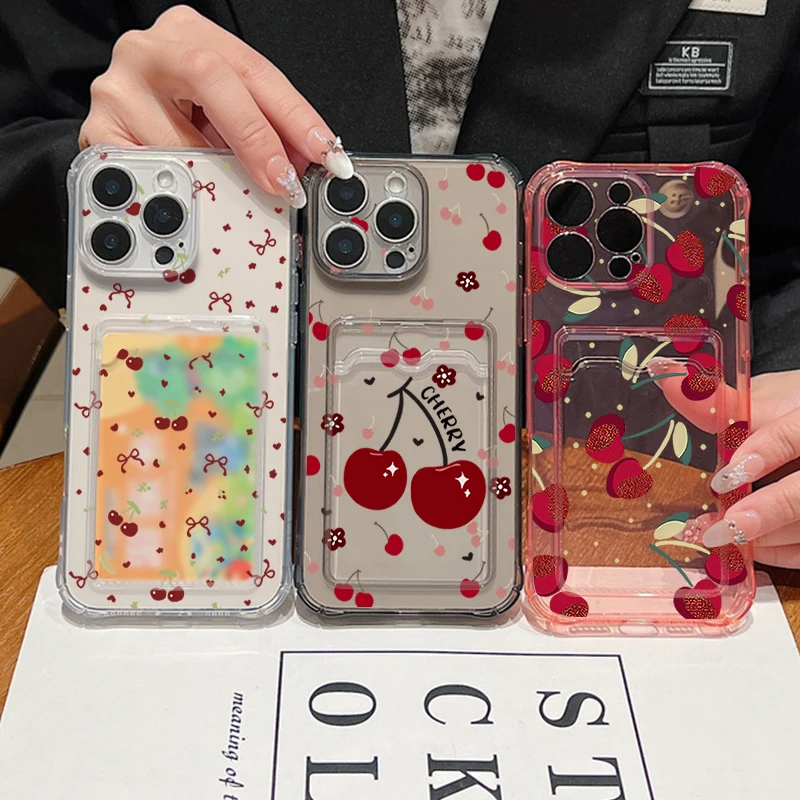 Red Cherry Pattern Shockproof Soft Silicone Phone Cover with Card Slot Pocket