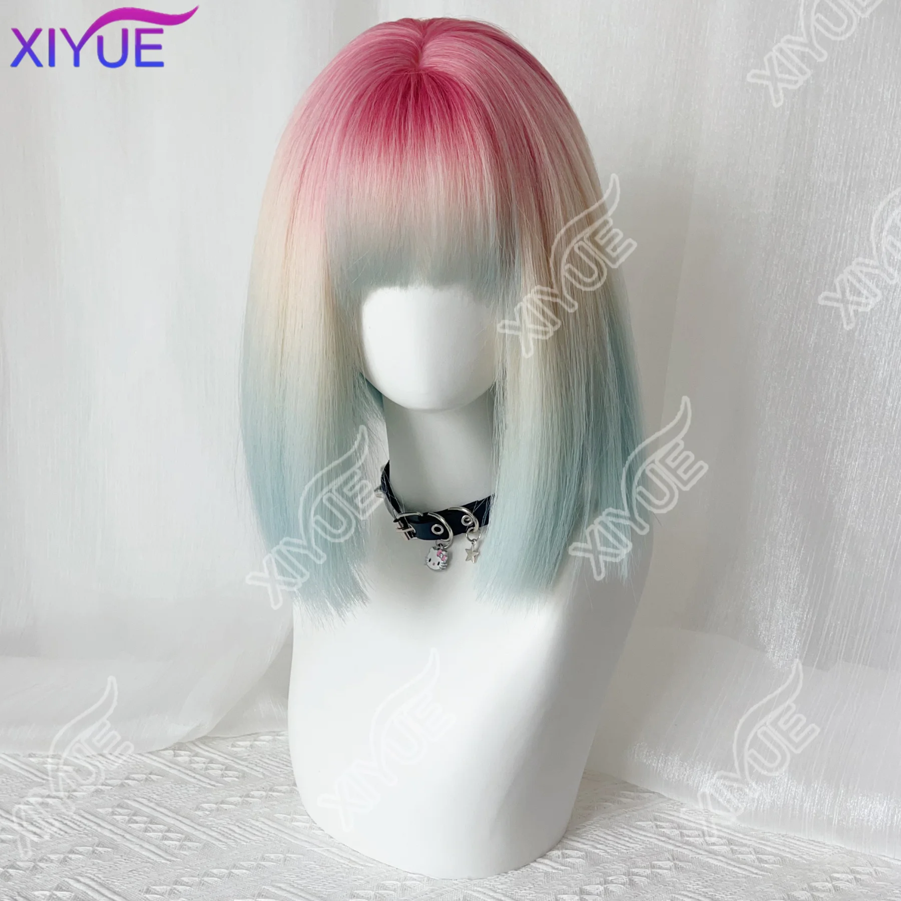 Ashely Rainbow Bubble Short Straight Hair Wig for Women with Bangs Gradient Highlights Lolita Bob Wigs Synthetic Wig Pastel