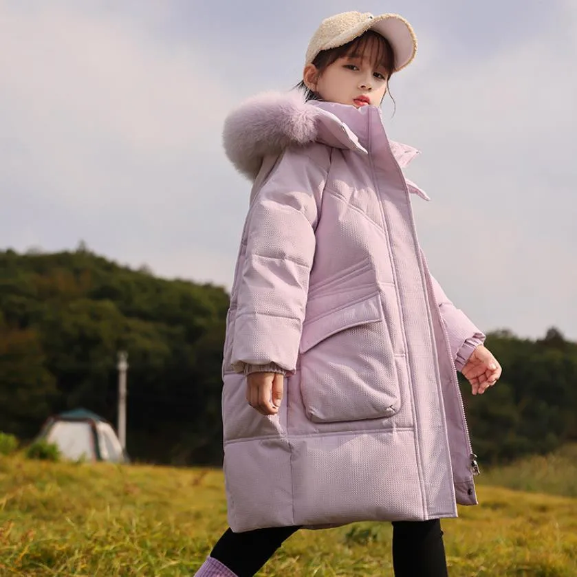 

High-End Children's Down Coat Russian Winter Long Hooded Outdoors Parka Girls' Fashion Warm White Duck Down Jacket -30℃ A3131