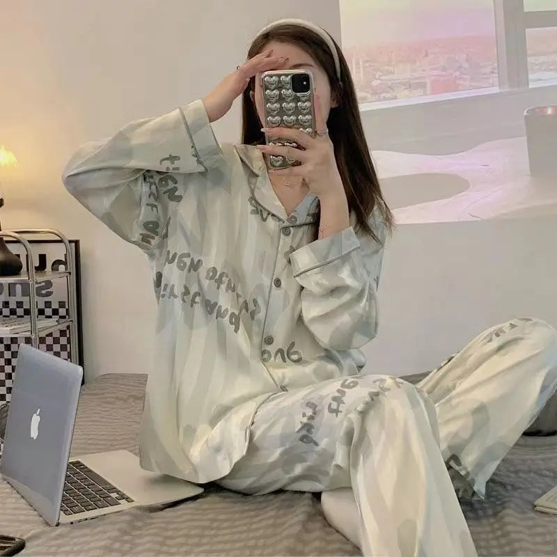 Silk Pajamas for Women 2023 Long-sleeved Luxury Women's Pajamas Letters Pijama 2pcs Pijama Mujer Loungewear Sleepwear Women