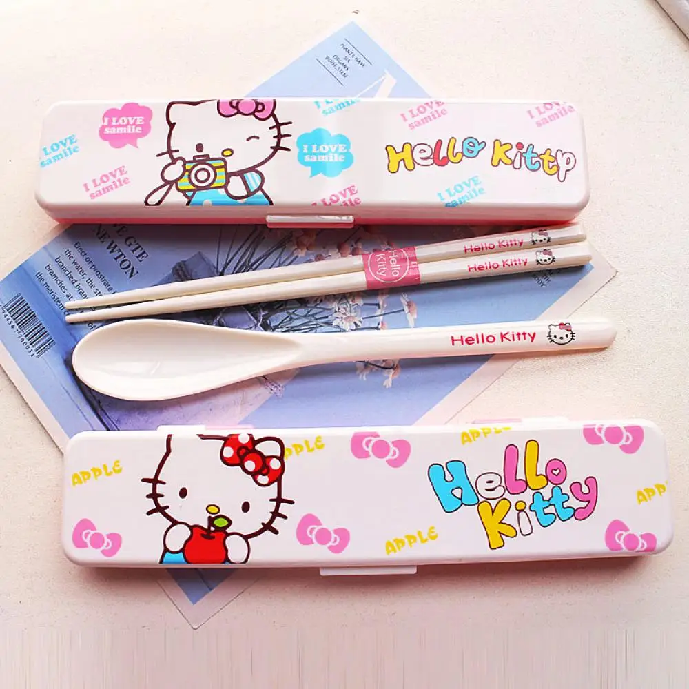 

Набор столовых приборов Sanrio Kawaii Hello Kitty, столовые приборы, палочки, ложка, дорожная портативная посуда из бэнто, милый подарок для еды с героями мультфильмов