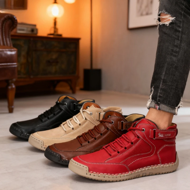 New 2025 Autumn Handmade Leather Men's Boots Design Sneakers Man Breathable Casual Softer Shoes Men Ankle Boots Outdoor Boats