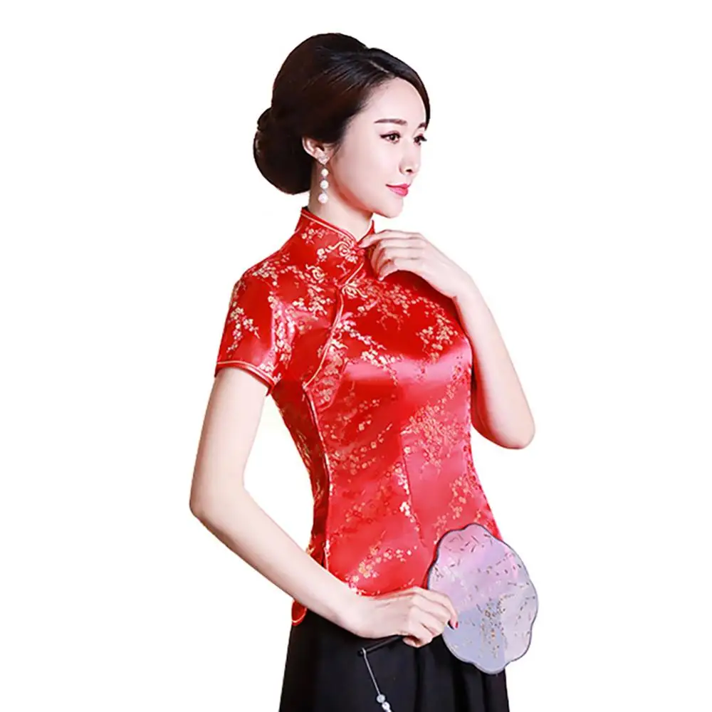 Women Chinese Plum Blossom Short Sleeve Stand Collar Buttons Slim Women's Blouse Shirt Short Sleeve T-shirt Summer Tops