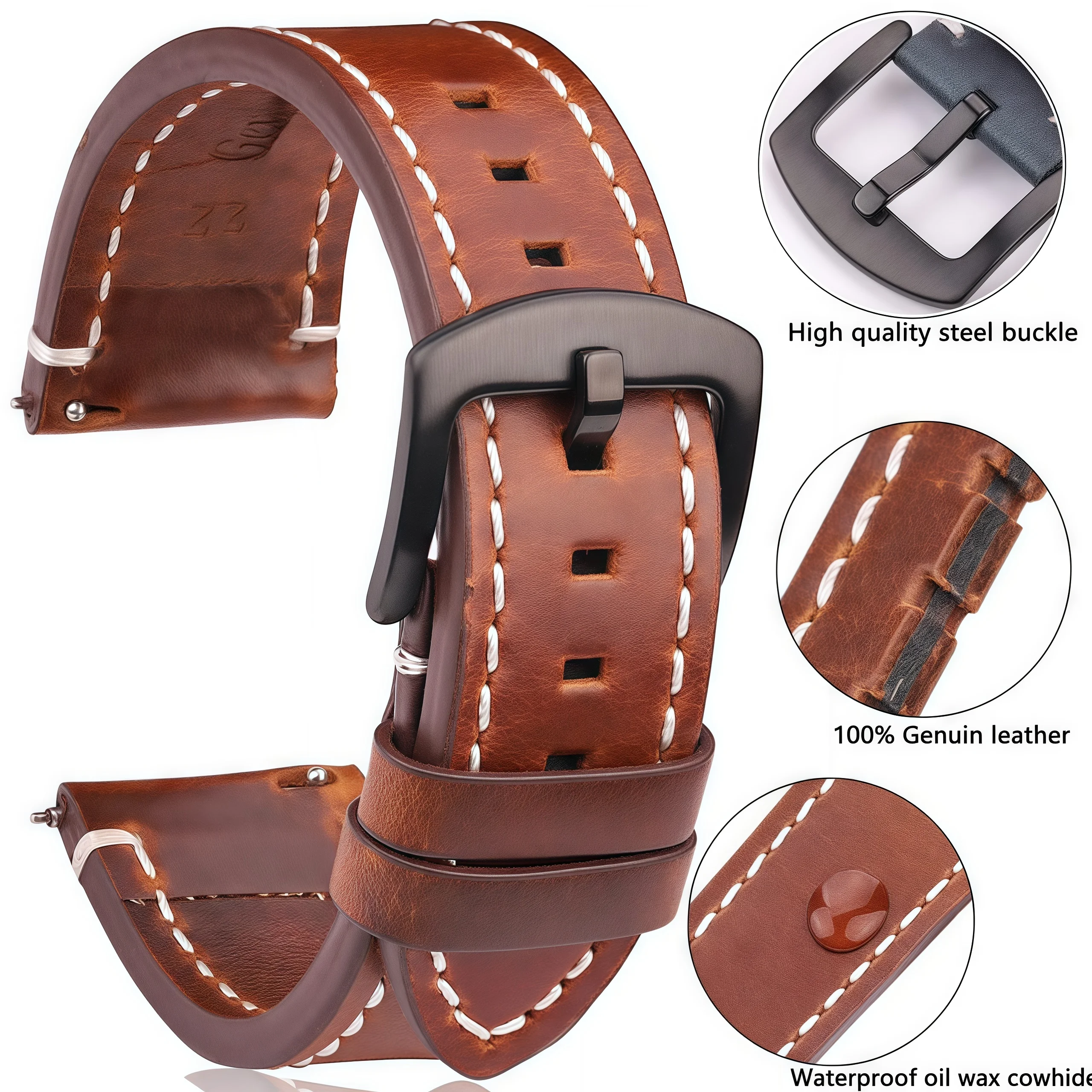 Vintage Genuine Leather Watch Band with Quick Release - Handmade Oil Wax Discoloration Casual Strap