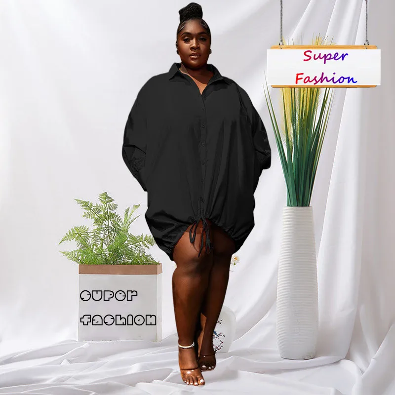 

WSFEC L-4XL Fall 2023 Plus Size Dresses for Women Clothing Outfit Solid Long Sleeve Loose Drawstring Casual Sexy Shirt Dress