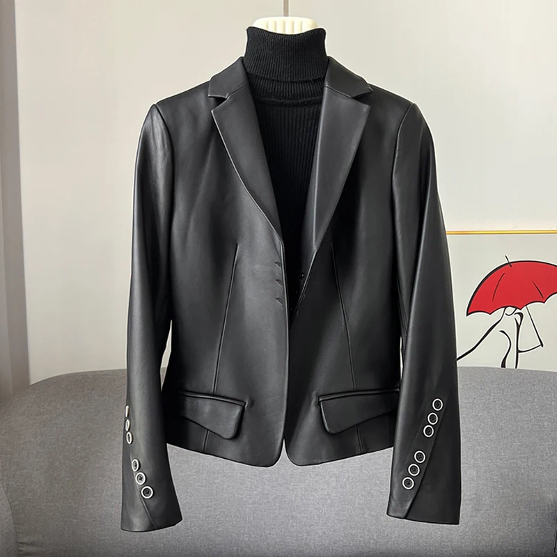 

Julypalette Fashion High Street Leather Jackets Women Sheepskin Buttons Short Suit Jackets Black High Waist Real Leather Coats