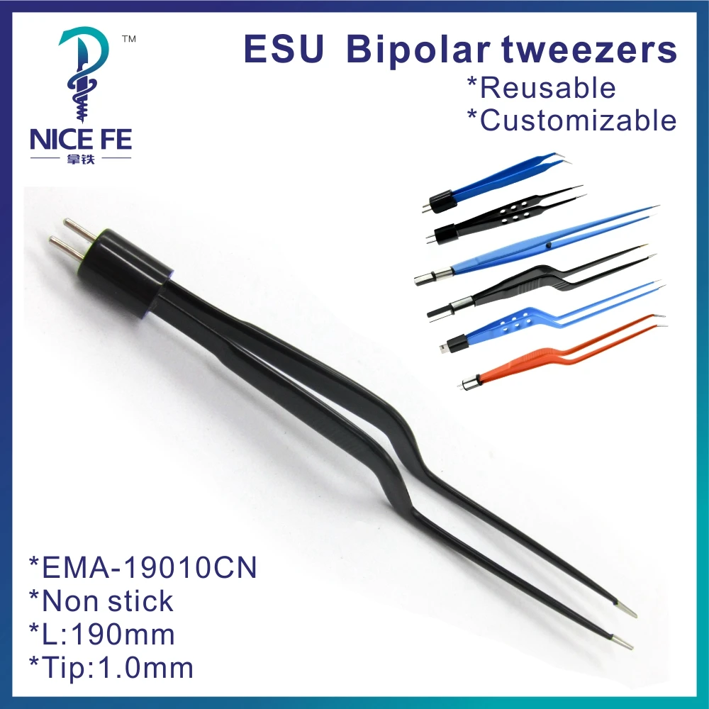 

AHA Bipolar tweezers Forceps Straight tip for Electrosurgical unit,Black nylon coated Non Stick：L: 19 cm, tip 1mm