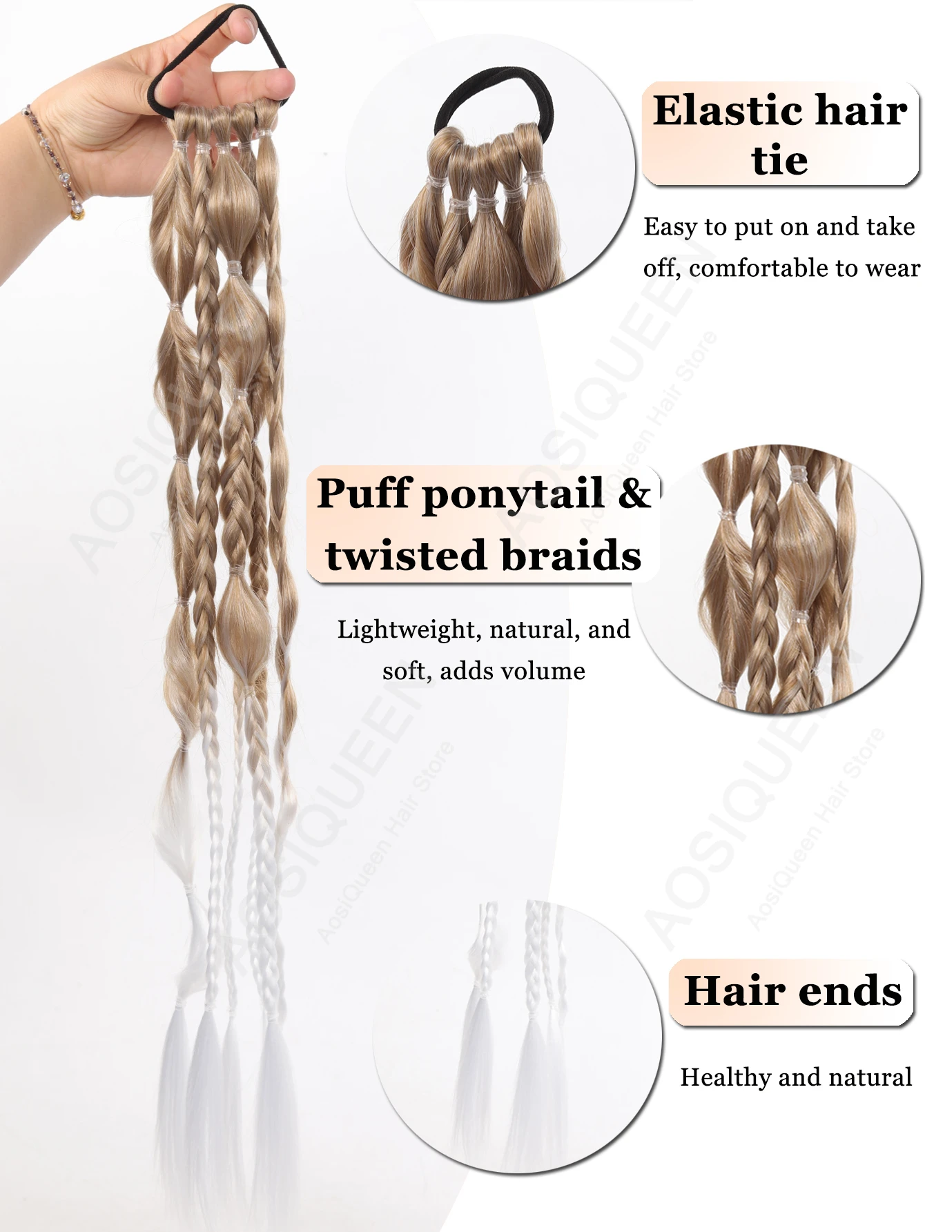 합성 그라데이션 야키 스트레이트 버블 포니테일(헤어밴드 포함), 여성용 파티 및 음악 축제 헤어 액세서리에 적합