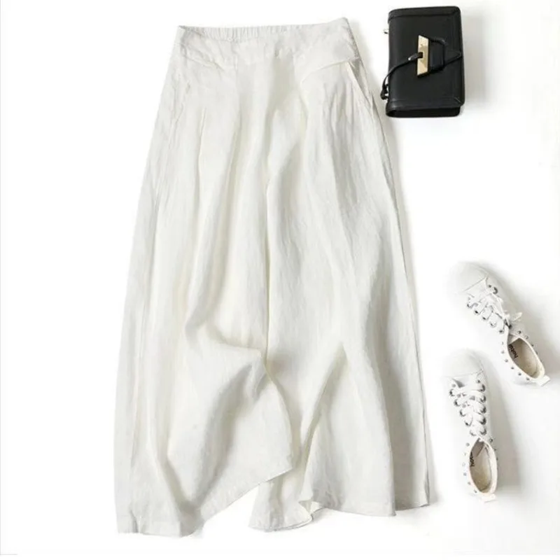 Cotton and Linen Wide-leg Culottes for Women, Loose Semi-elastic High-waist Slim Nine-point Pants 2024 New Women's Pants