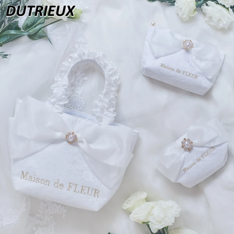 

Japanese Style Hand Gift Lace Women's Bags Bow Sweet Cute Fashion Makeup Bag for Lady Elegant Casual Cosmetic Bags Female