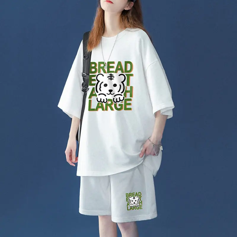 Two Piece Personalized Street Hip Hop Sports Casual Short Sets Fashion Summer Women New Cartoon Loose Short Sleeve Top Suits 4XL