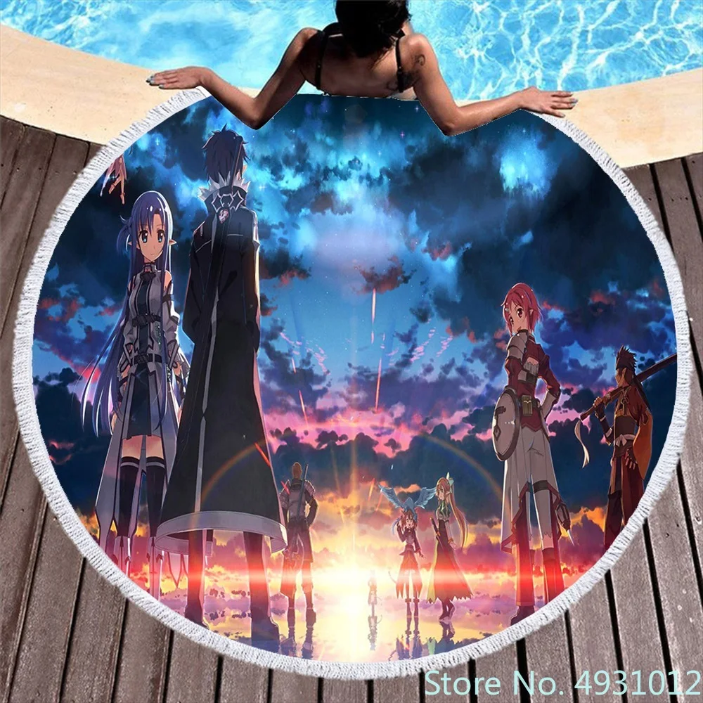 

2023 Anime Sword Art Online Round Beach Towel Shower Bath Towels Microfiber Summer Swim Circle Yoga Mat 150cm with Tassels