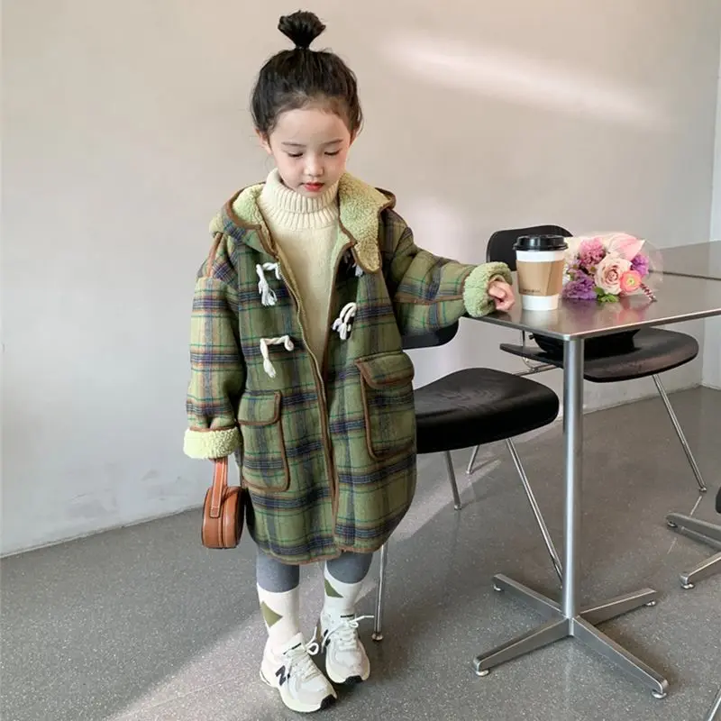 여아용 체크 무늬 암소 뿔 버클 모직 코트, 중간 길이, 트렌디 모직, 어린이 겨울 코트, 가을 겨울, 2024 신상