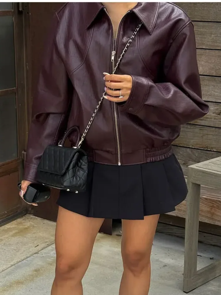 Women Braid Lapel Cropped Leather Jacket Vintage Zipper Long Sleeve Motor Bicycle Coat Chic Casual Retro Loose Street Outerwear 6