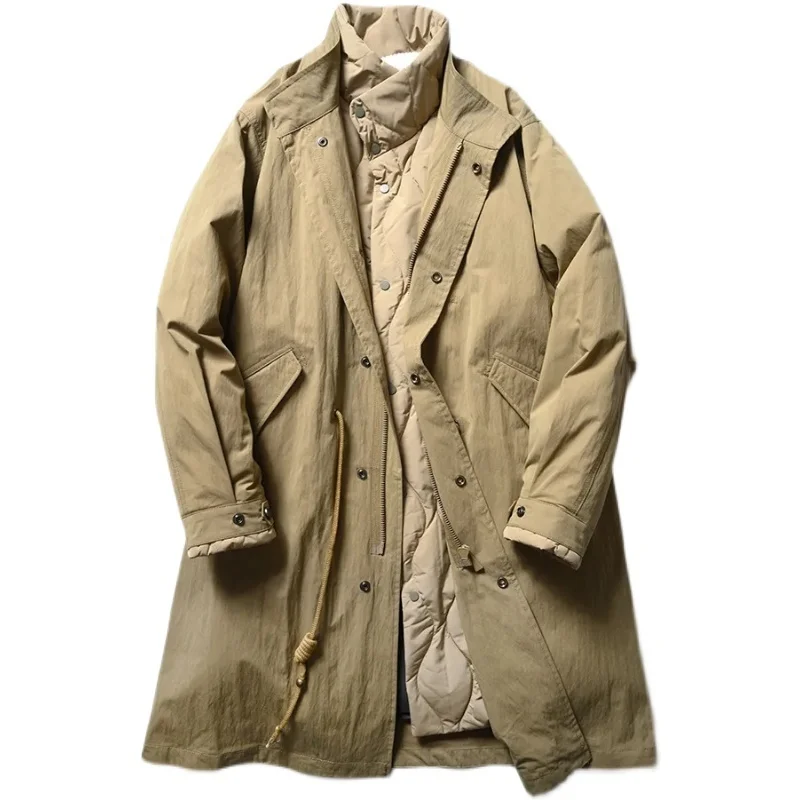 

Men's Fake Two-piece Thickened Stand Collar Long Down Jacket Outdoor Camping Storm Suit Tooling Travel Coat M51 Walking Parka