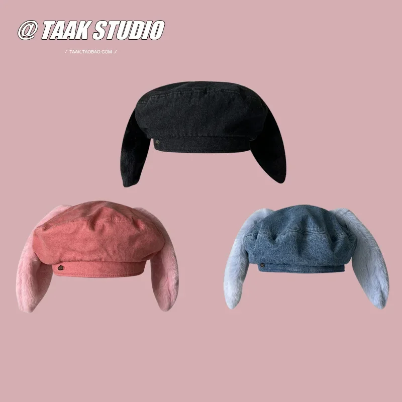 2023 Cute bunny ear berets for women denim painter hat