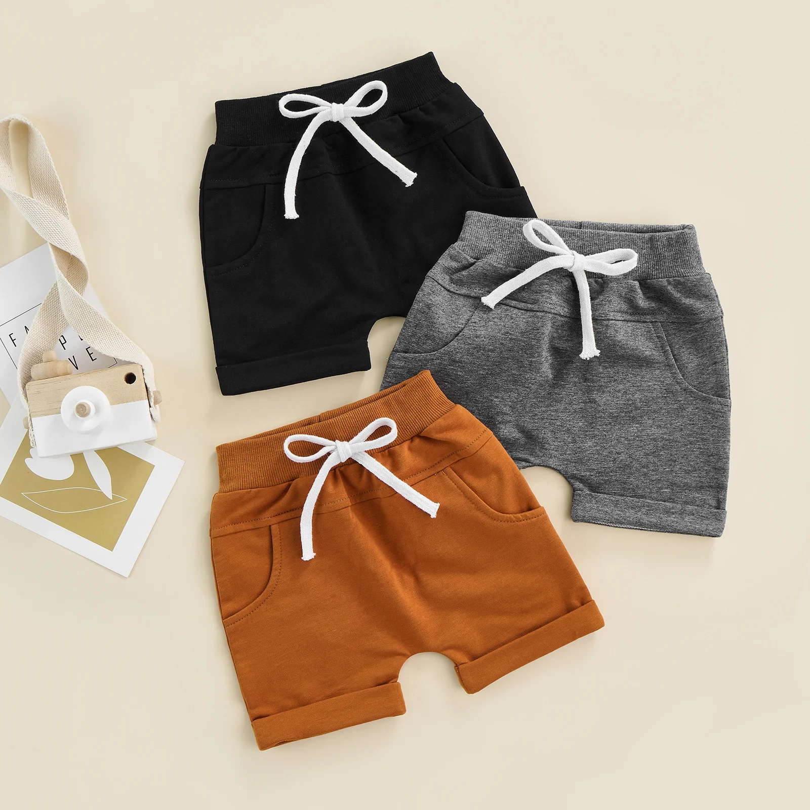 Casual Baby Boys Shorts Newborn Baby Summer Solid Color Shorts Toddler Cotton drawstring Short Pants 0-3Y