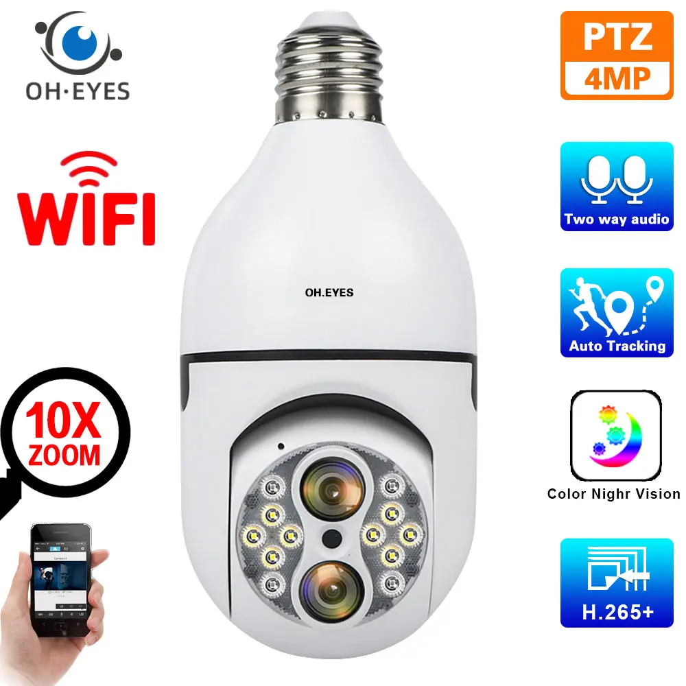 

H.265 Dual Lens E27 Bulb Camera 4MP 10X Zoom WIFI Auto Tracking IP Camera Motion Detection Two Way Audio Indoor PTZ Camera 2MP