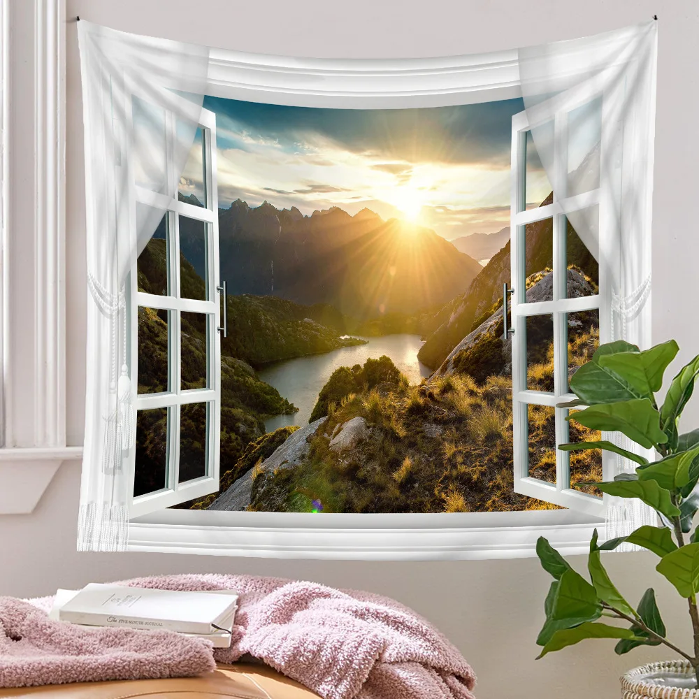 

Beautiful Window Landscape Tapestry for Living Room Large Background Cloth Bedroom Decor Wall Hanging Tapestry Can Be Customized