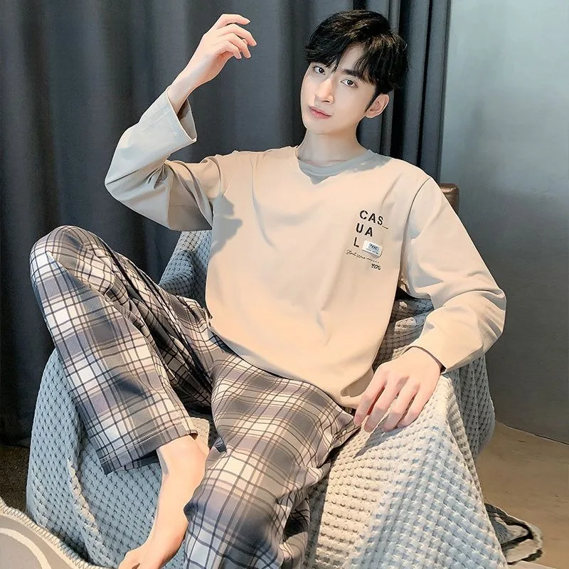 2024 New Fashion Men Spring Autumn Pajamas Set Boy Cotton Long Sleeve Trousers Sleepwear Teen Casual Comfortable Loungewear Suit men s spring autumn tracksuit fashion casual long sleeve t shirts trousers suit oversized outdoor streetwear outfit clothing set