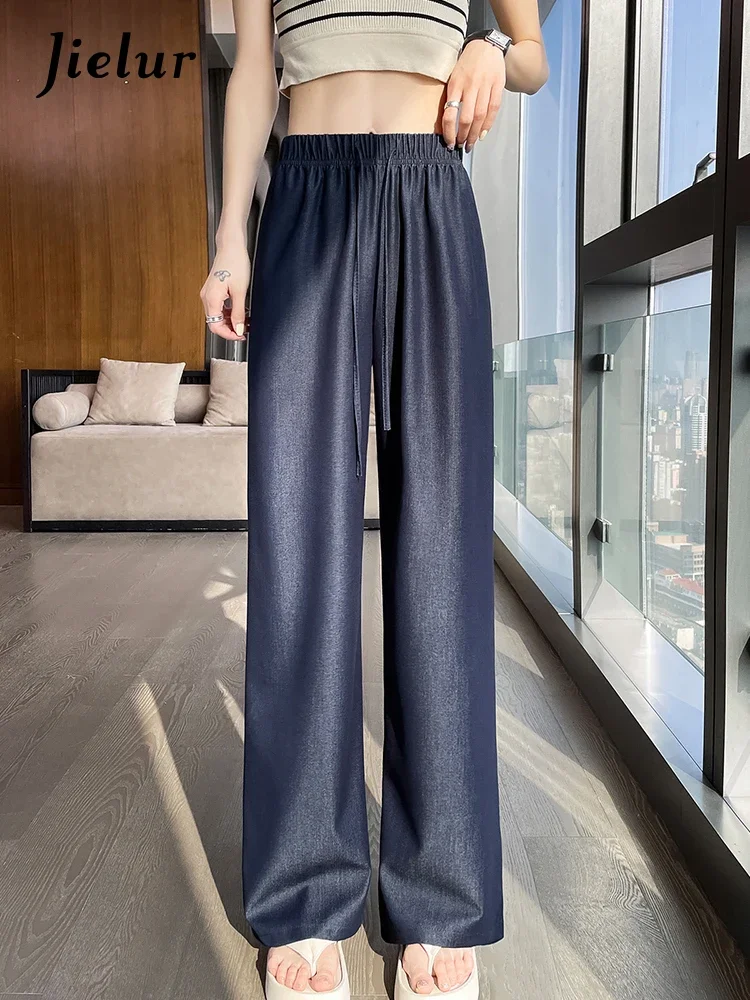 Jielur Drawstring Casual Pants Women High Waist Black Straight Pants Loose Wide Leg Blue Trousers Brief Elastic Waist Pants Lady